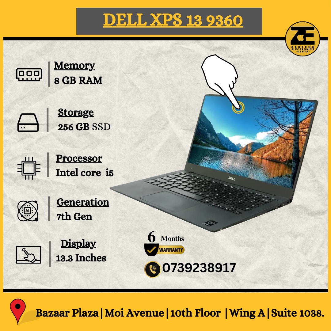 A Dell XPS 13 9360 laptop with a Core i5 processor, 8GB RAM, and 256GB SSD. It features a touchscreen display and is shown in an open position on a promotional stand with specifications displayed around it.